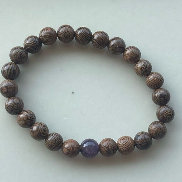 Sandalwood amethyst beaded bracelet ONE NEW stretch reiki meditation yoga - Picture 9 of 11